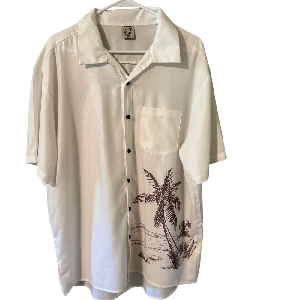 Hardaddy Mens XL White Palm Tree Graphic Short Sleeve Button Up Camp Shirt